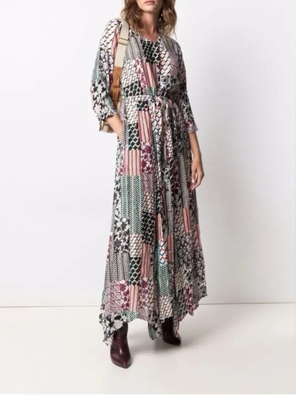 Diane Von Furstenberg Multi-Color Patchwork Print 3/4 Sleeve Maxi Dress